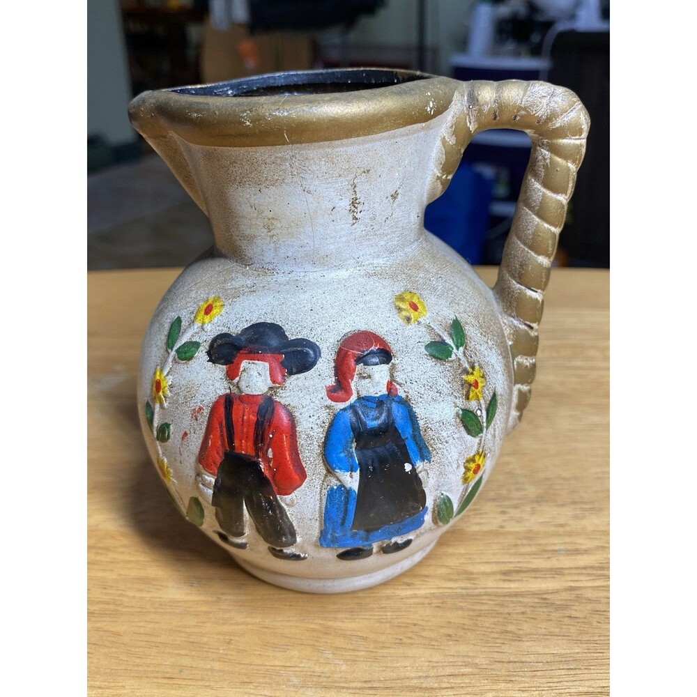 Vintage Hand-painted Small Amish/Dutch Couple 5" Pitcher Flaw